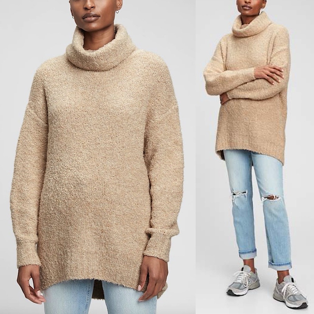 NWT GAP Cozy Boucle Turtleneck Tunic Sweater Wheat Beige L Cowl Neck Warm Knit - Picture 2 of 16